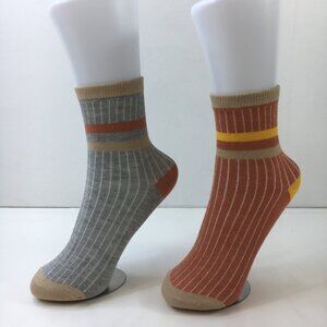 Womens Crew Socks Set 2 Stripes Ribbed Gray Brown Orange